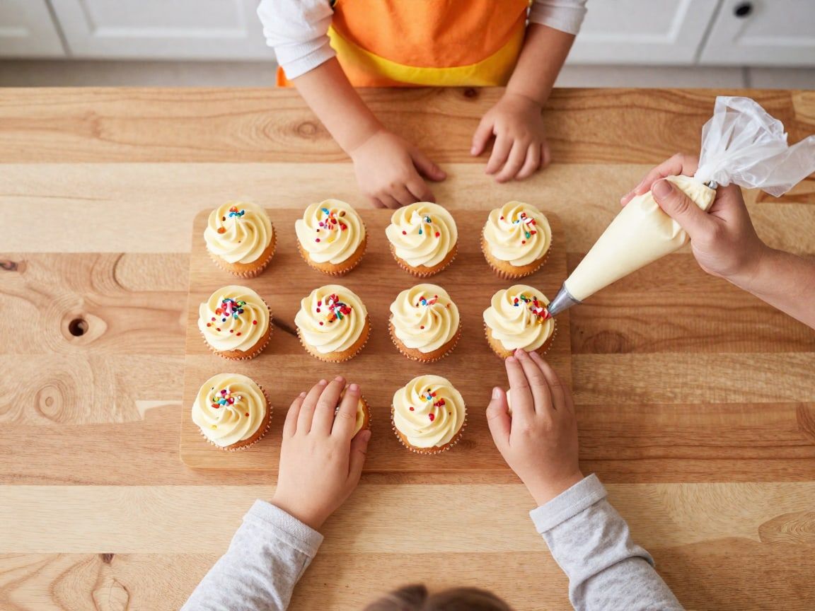 Van bovenaf: kinderhanden bij een plank vol cupcakes, een ouder spuit botercrème met een spuitzak