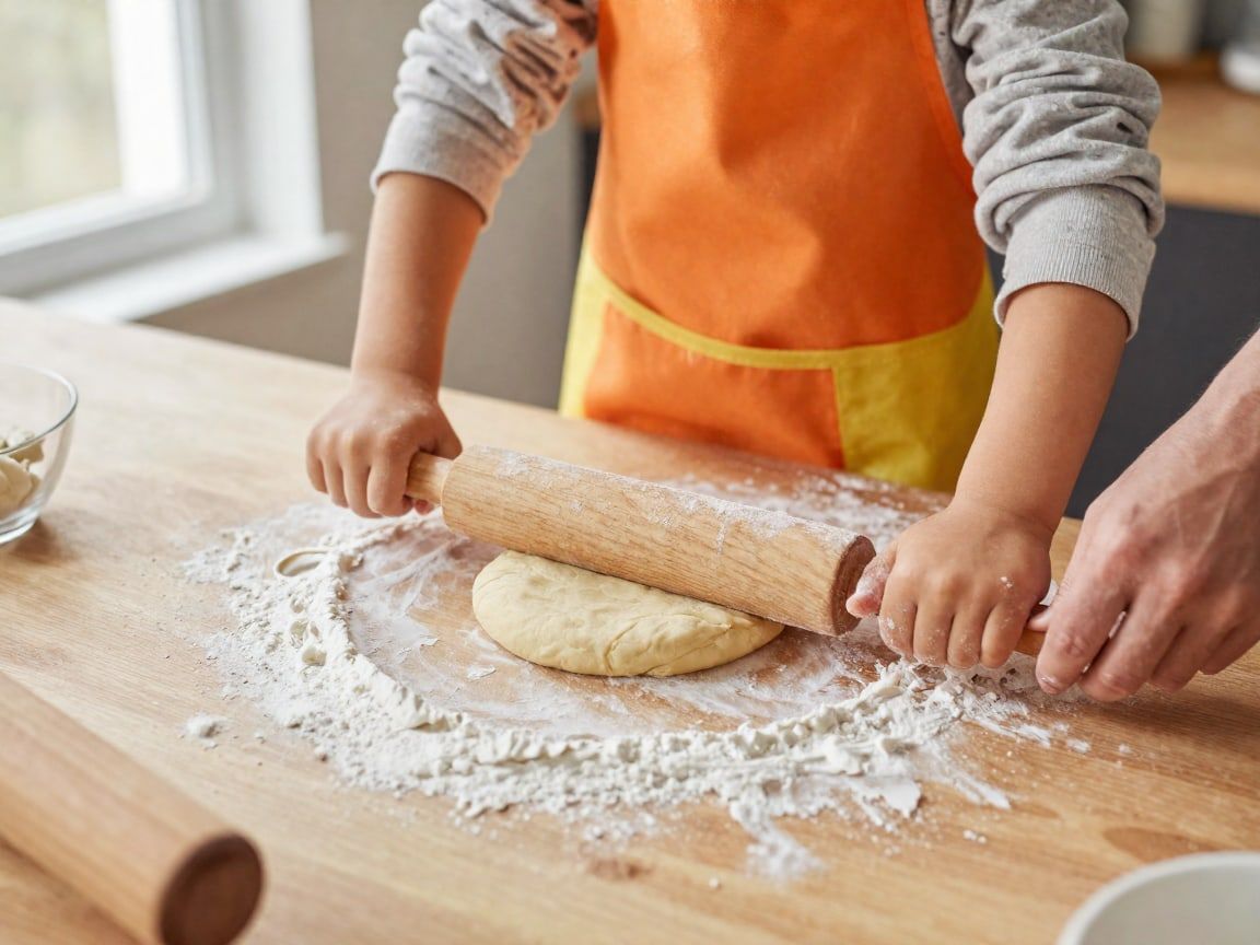 Kinderhanden rollen deeg uit met een houten deegroller op een met bloem bestoven tafel, een ouder helpt