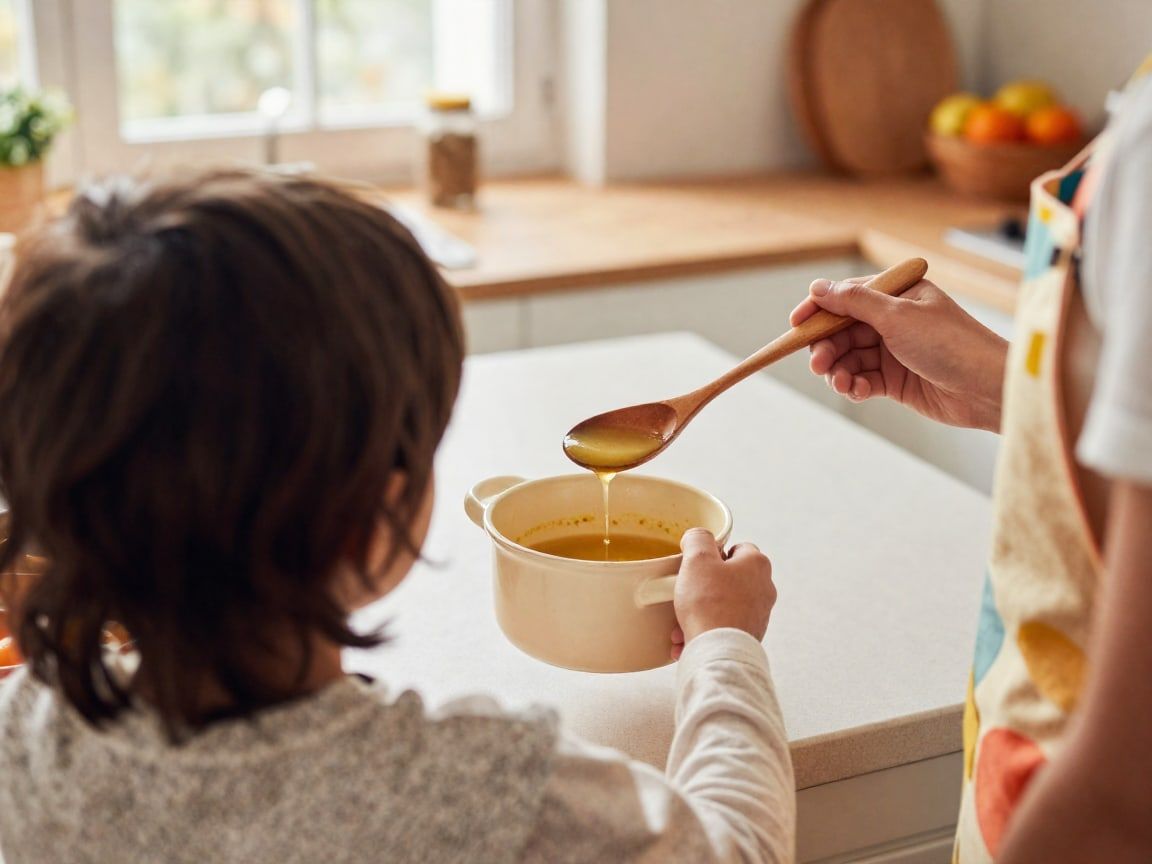 Een kind, van achteren gezien, houdt een pannetje soep vast terwijl een ouder een houten lepel aanreikt om te proeven